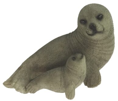 Beeldje zeehond met baby - grijs - polystone - 11 cm