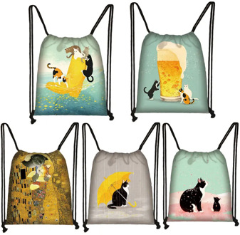 Beer Cat Drawstring Bag Gym Pouch Bag Yellow 3D Printing Cat Backpack Women Portable Shopping Fashion School Shoe Bag For Girl