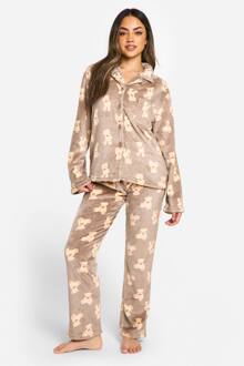 Beer Fleece Pyjama Set Met Knoopsluiting Aan De Voorkant, Brown - 44