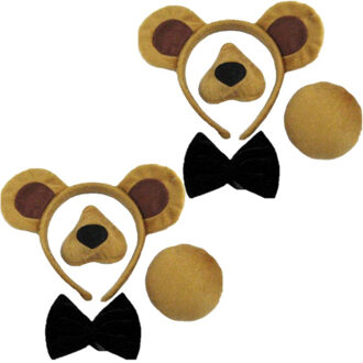 Beer verkleedset - 2x stuks - beren oren - neus - staart - strikje - dieren verkleedaccessoires