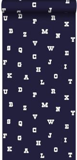 behang alfabet blauw - 53 cm x 10,05 m - 137327 Blauw, Wit