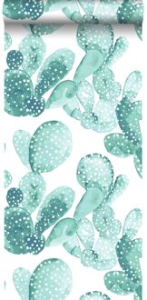 behang aquarel geschilderde cactussen vergrijsd turquoise Blauw