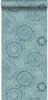 behang bloemen aqua groen Blauw