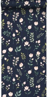 behang bloemen donkerblauw, roze en groen - 0,53 x 10,05 m - Blauw, Groen, Roze