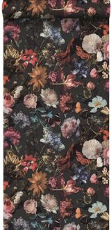 behang bloemen donkergrijs - 0,53 x 10,05 m - 139172 Grijs, Roze