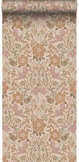 behang bloemen en vogels in art nouveau stijl beige, terracot Beige, Roze