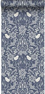 Behang Bloemen En Vogels In Art Nouveau Stijl Donkerblauw - 50 X 900 Cm