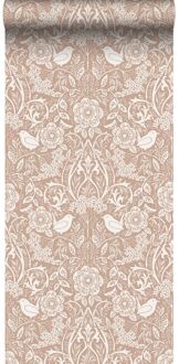 behang bloemen en vogels in art nouveau stijl nude kleur en w Oranje, Roze, Wit