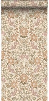 behang bloemen en vogels in art nouveau stijl zandkleurig, be Beige, Roze