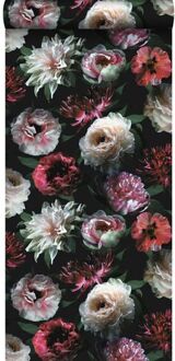 behang bloemen roze, zwart en donkergroen - 0,53 x 10,05 m - Rood, Zwart, Groen, Roze