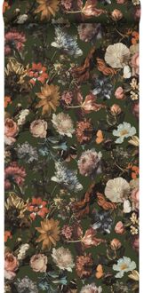 behang bloemen vergrijsd olijfgroen - 0,53 x 10,05 m - 139170 Groen, Grijs