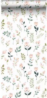 behang bloemen wit, roze en groen - 0,53 x 10,05 m - 139339 Roze, Wit, Groen