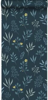 behang bloemmotief in Scandinavische stijl donkerblauw, vinta
