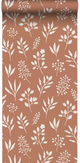 behang bloemmotief in Scandinavische stijl terracotta en wit Oranje, Wit