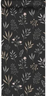 behang bloemmotief in Scandinavische stijl zwart, warm grijs, Blauw