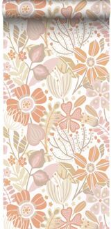 Behang Bloemmotief Lila Roze, Licht Terracotta En Beige - 50 X 900 Cm