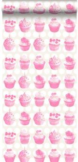 behang cupcakes op glanzende stip roze - 53 cm x 10,05 m - 13 Roze, Wit