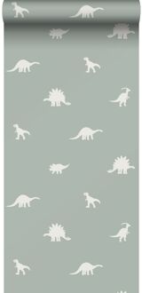 behang dinosaurussen vergrijsd mintgroen - 53 cm x 10,05 m - Groen, Grijs