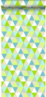 behang driehoekjes limegroen, turquoise en beige Blauw