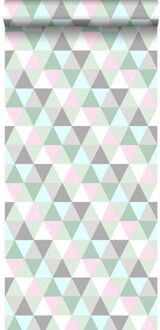 behang driehoekjes roze, mintgroen en grijs Blauw