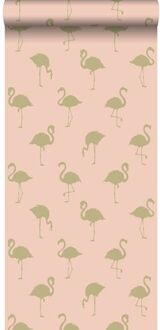behang flamingo's goud en perzik roze Blauw