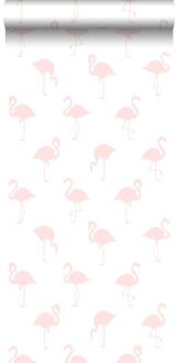 behang flamingo's licht roze en wit Blauw