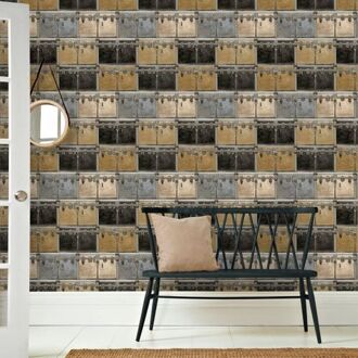 Behang Friends & Coffee Boxes and Locks metallic en beige Multikleur