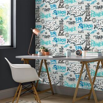 Behang Friends & Coffee Graffity Print grijs en blauw