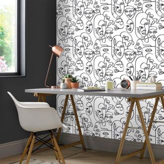 Behang Friends & Coffee Line Art Faces wit en zwart Multikleur