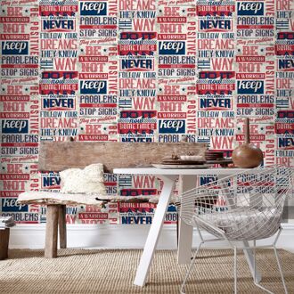 Behang Friends & Coffee Words and Letters rood en blauw Multikleur