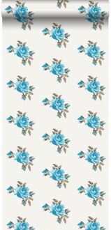 behang geborduurde roosjes turquoise Blauw