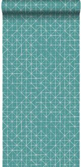 behang geometrische vormen donker aqua groen Blauw