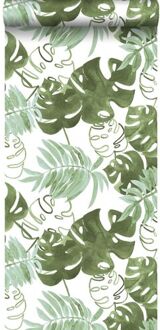 behang geschilderde tropische jungle bladeren vergrijsd olijf Groen, Grijs