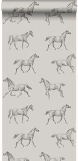 behang getekende paarden donker beige - 53 cm x 10,05 m - 128