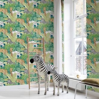 Behang Good Vibes Jungle Animals groen en zwart Multikleur