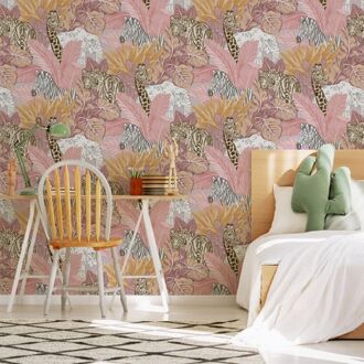 Behang Good Vibes Jungle Animals roze en oranje Multikleur