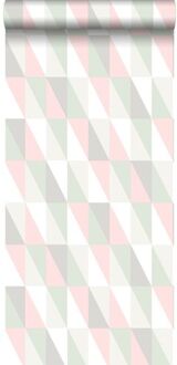 behang grafische driehoeken licht roze en mintgroen Blauw