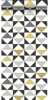 behang grafische driehoeken wit, zwart, grijs en okergeel - 0 Geel, Zwart, Grijs, Wit