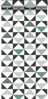 behang grafische driehoeken wit, zwart, mintgroen en vergrijs Blauw