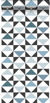 behang grafische driehoeken wit, zwart, vintage blauw en lich Blauw, Zwart, Wit