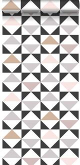 behang grafische driehoeken wit, zwart, warm grijs en oudroze Roze, Zwart, Grijs, Wit