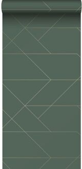 behang grafische lijnen donkergroen en goud - 0,53 x 10,05 m Goud, Groen
