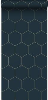 behang hexagon donkerblauw en goud - 0,53 x 10,05 m - 139237 Blauw, Goud