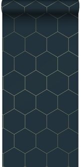 behang hexagon donkerblauw en goud - 0,53 x 10,05 m - 139237 Blauw, Goud