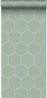 behang hexagon vergrijsd groen en wit - 0,53 x 10,05 m - 1392 Groen, Grijs, Wit