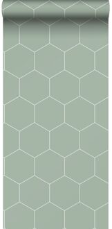 behang hexagon vergrijsd groen en wit - 0,53 x 10,05 m - 1392 Groen, Grijs, Wit