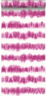 behang horizontale tie-dye shibori strepen intens fuchsia roz Roze, Wit