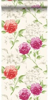 behang hortensia's roze en oranje Blauw