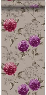 behang hortensia's taupe en aubergine paars Blauw