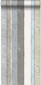 behang houten plankjes grijs en lichtblauw